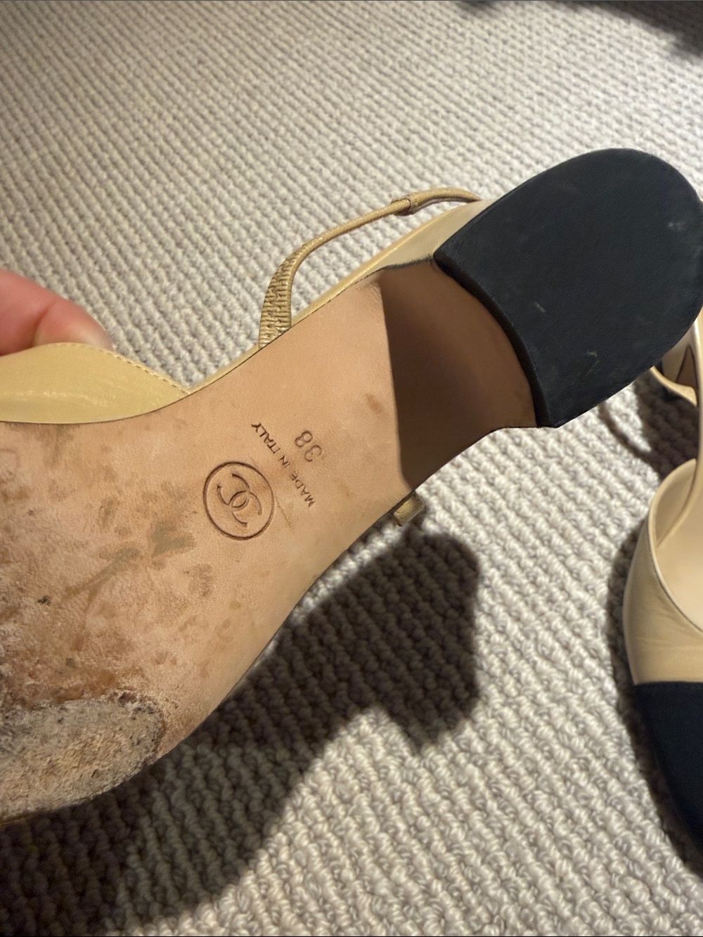 CHANEL Beige Leather Slingback Pumps with Black Cap Toe - Picture 3 of 5